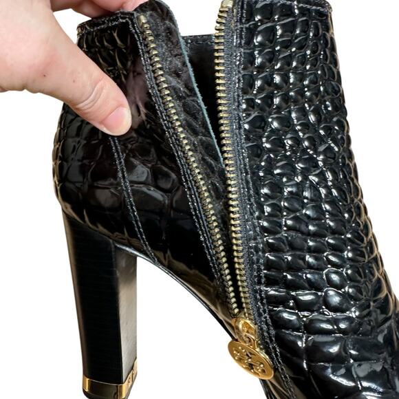 Tory Burch Leigh Black Patent Leather Croc Quilted Bootie Gold Hardware Size 9 - Picture 6 of 11